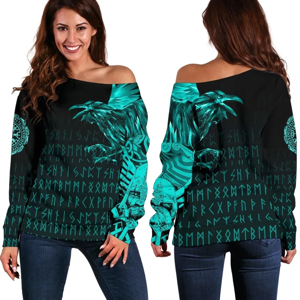 Vikings Women's Off Shoulder Sweater Raven Tattoo Style Cyan
