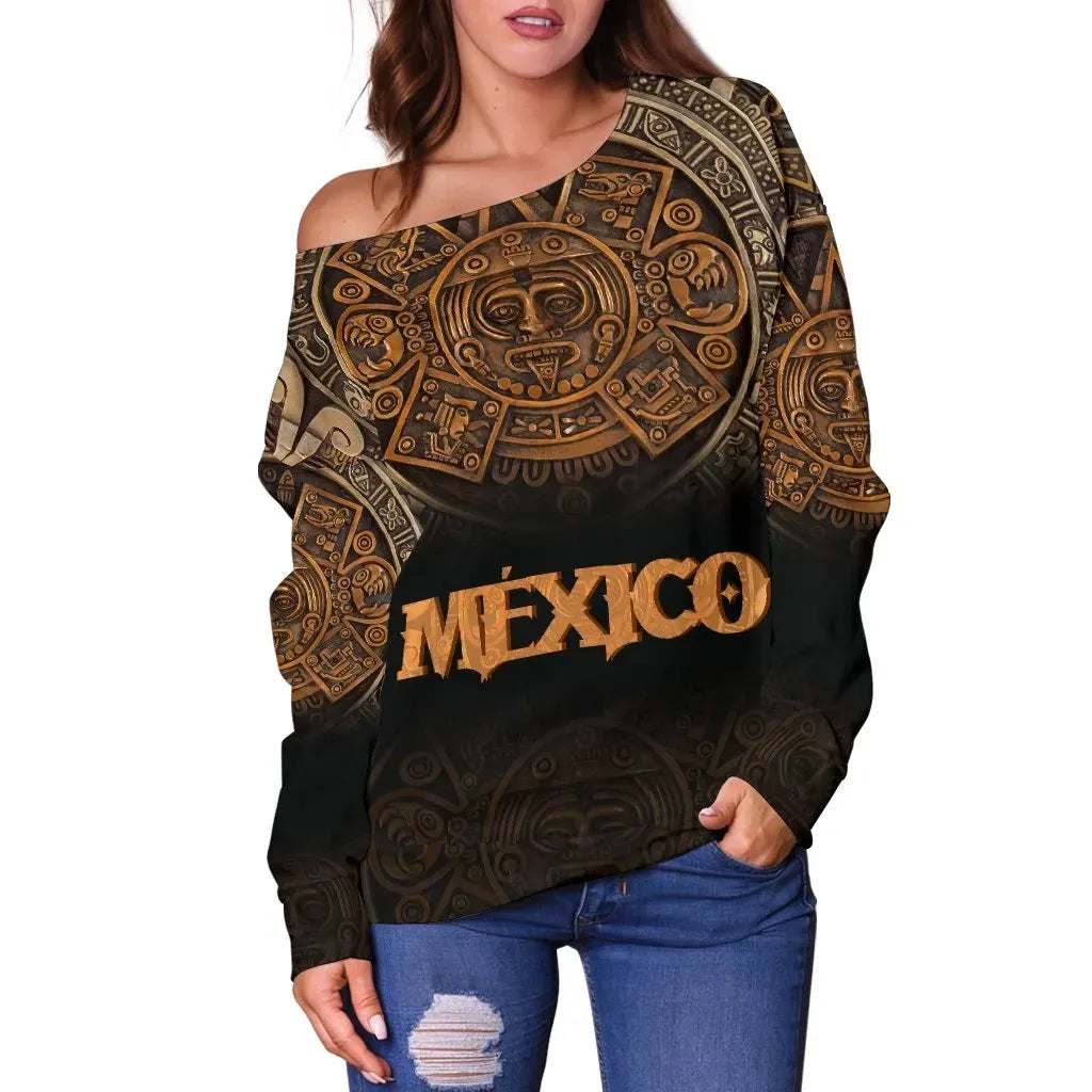 Mexico Aztec Off Shoulder Sweater The Ancient Aztec Calendar