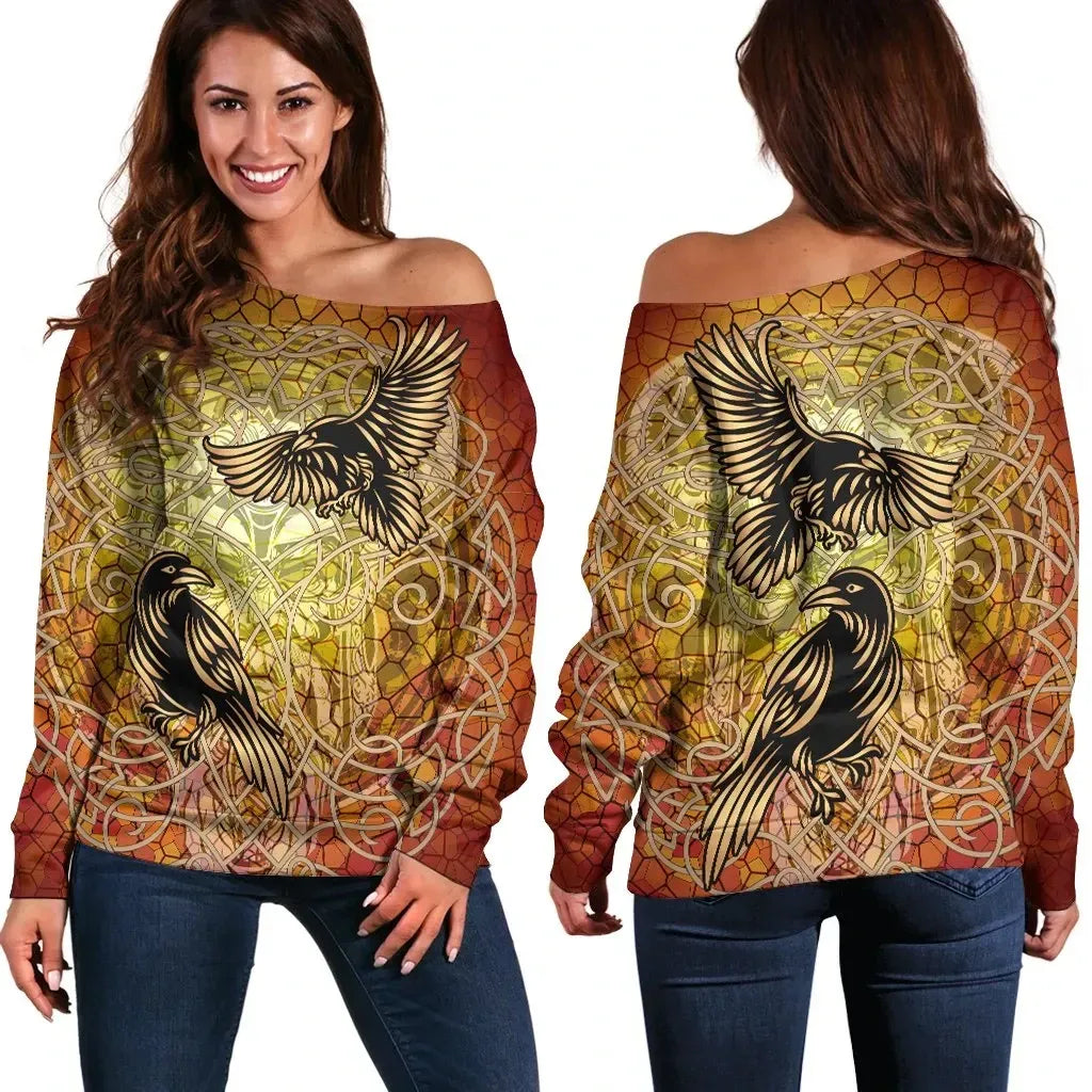 Celtic Symbol Women's Off Shoulder Sweater Huginn and Muninn of Odin on Yggdrasil Gold