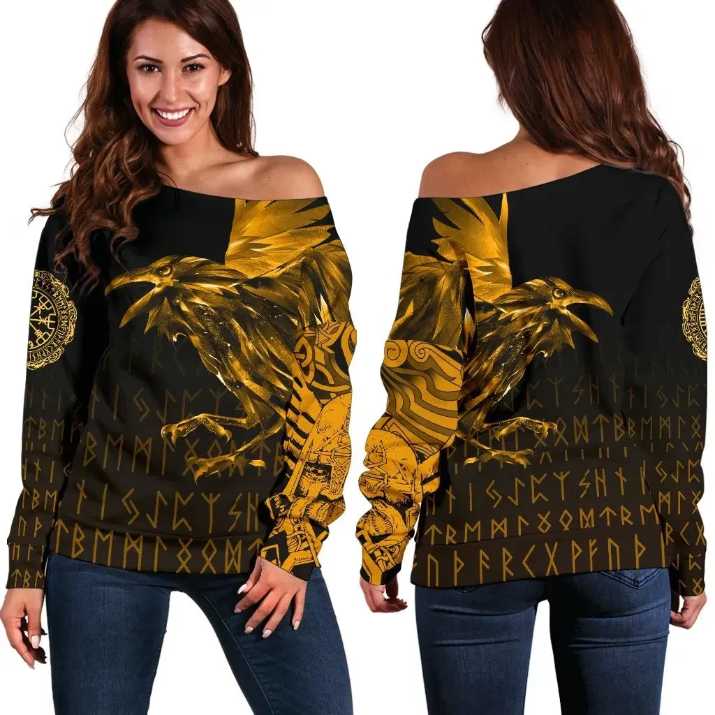 Vikings Women's Off Shoulder Sweater Raven Tattoo Style Gold