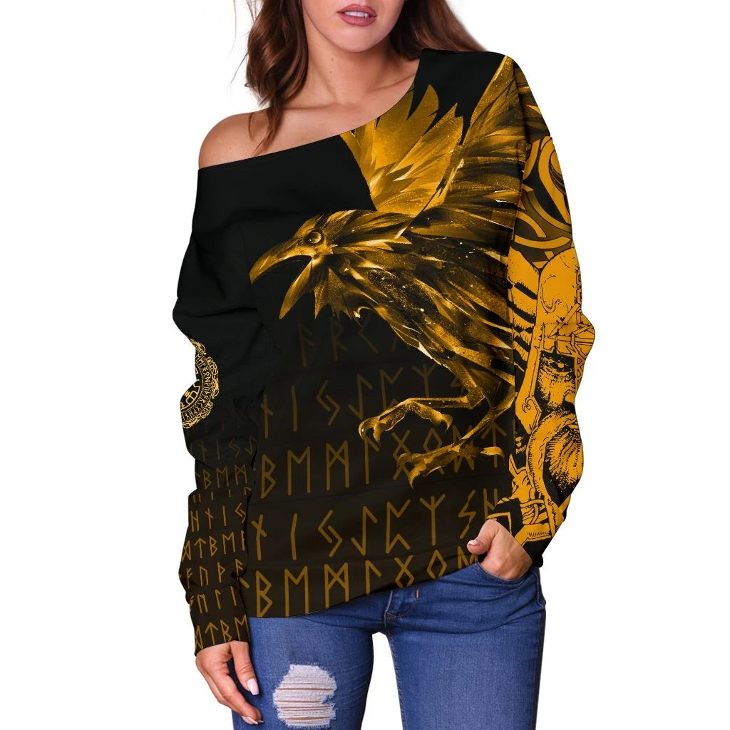 Vikings Women's Off Shoulder Sweater Raven Tattoo Style Gold