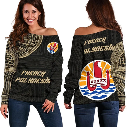 French Polynesia Women's Off Shoulder Sweater Tattoo Style