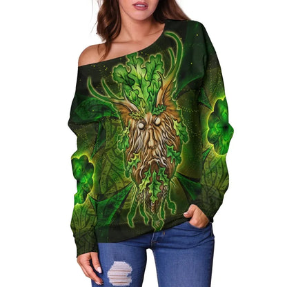 Celtic Green Man Women's Off Shoulder Sweater Green Man with Celtic Patterns