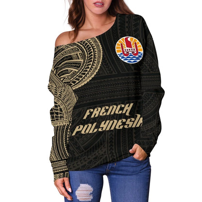 French Polynesia Women's Off Shoulder Sweater Tattoo Style