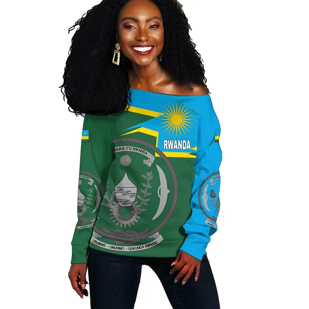 Rwanda Women's Off Shoulder Sweater Coat Of Arms