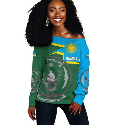 Rwanda Women's Off Shoulder Sweater Coat Of Arms