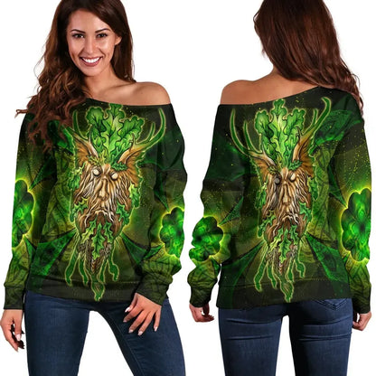 Celtic Green Man Women's Off Shoulder Sweater Green Man with Celtic Patterns