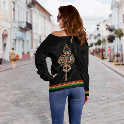 Ethiopian Off Shoulder Sweater Habesha Holy Cross Black