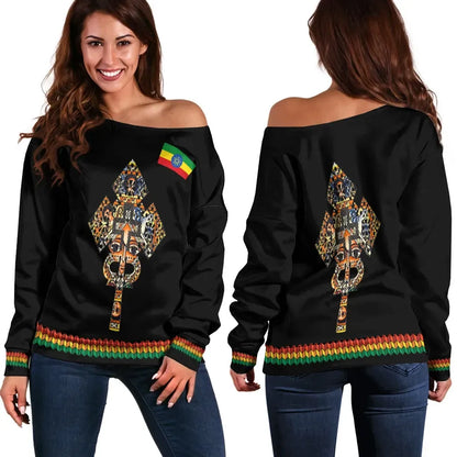 Ethiopian Off Shoulder Sweater Habesha Holy Cross Black
