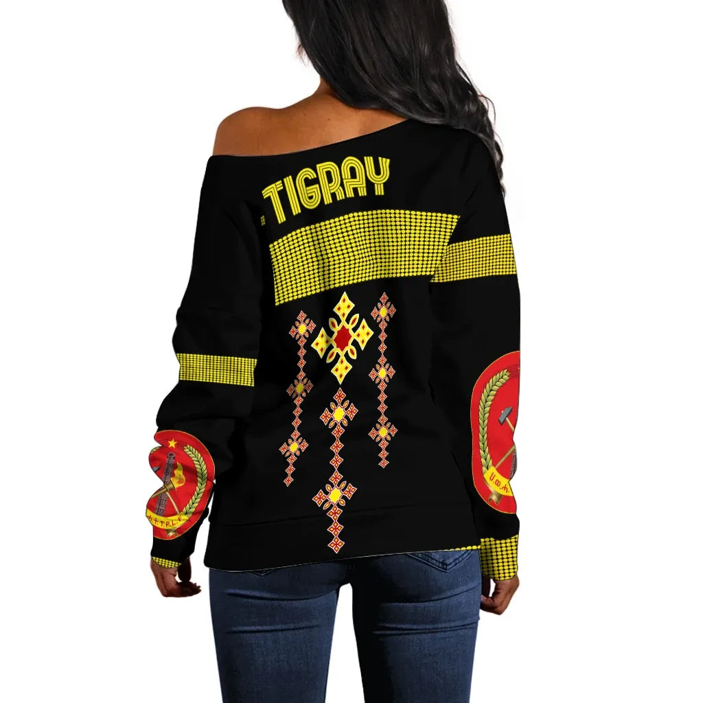 Tigray Off Shoulder Sweater Tigray Round Pattern Flag Black