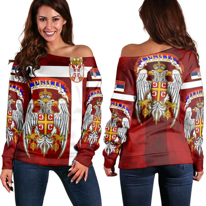 Serbia Women's Off Shoulder Sweater Best Serbian Eagle Tattoo