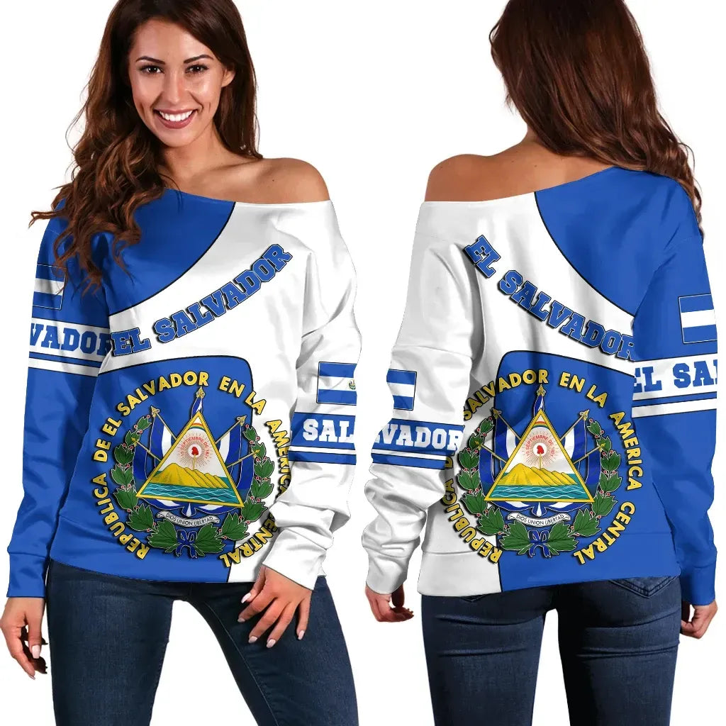 El Salvador Off Shoulder Sweater Flag and Coat of Arms