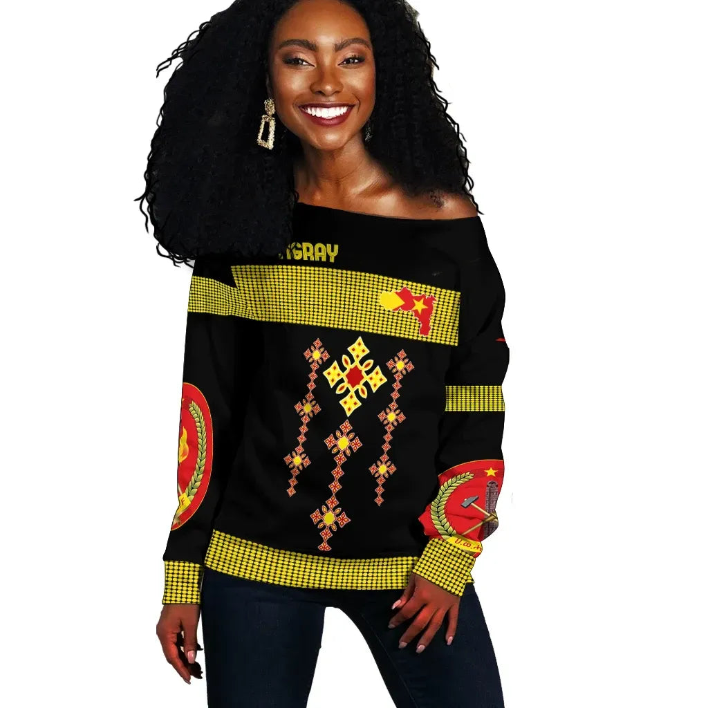 Tigray Off Shoulder Sweater Tigray Round Pattern Flag Black
