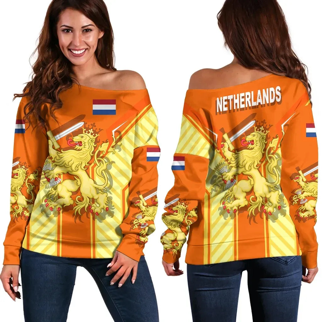 Netherlands Women's Off Shoulder Sweater Coat Of Arms