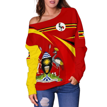 Uganda Off Shoulder Sweater Uganda Swirly Flag Coat Of Arms Women