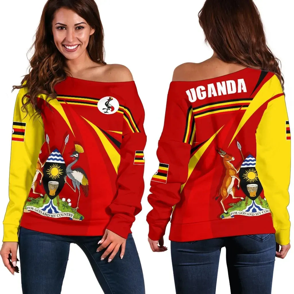 Uganda Off Shoulder Sweater Uganda Swirly Flag Coat Of Arms Women