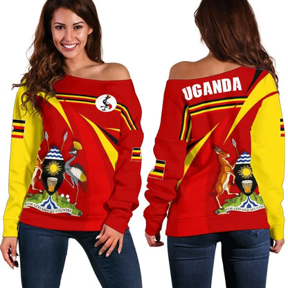 Uganda Off Shoulder Sweater Uganda Swirly Flag Coat Of Arms Women