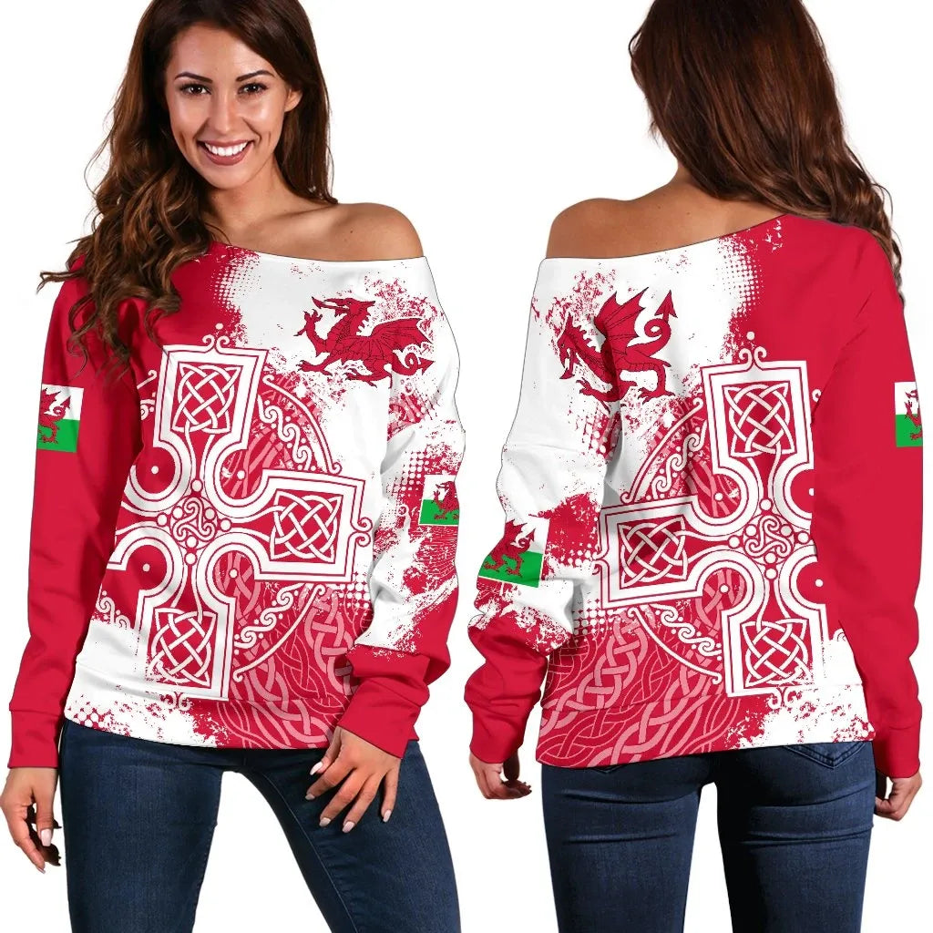 Wales Women's Off Shoulder Sweater Cymru Celtic Cross