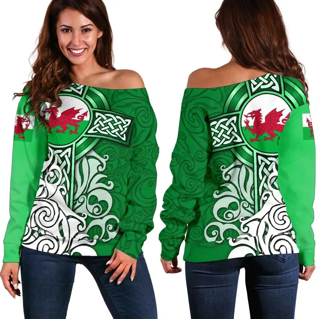 Wales Celtic Women's Off Shoulder Sweater Welsh Dragon Flag with Celtic Cross Green