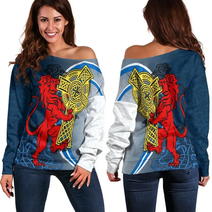 Scotland Women's Off Shoulder Sweater Scottish Lion With Celtic Cross