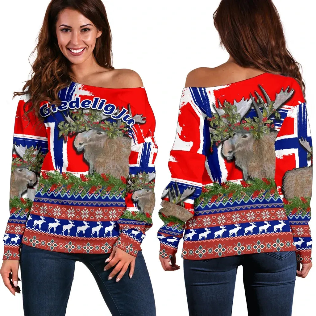 Norway Flag With Moose Christmas Women's Off Shoulder Sweater