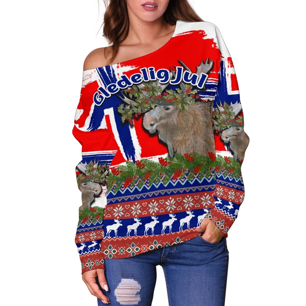 Norway Flag With Moose Christmas Women's Off Shoulder Sweater