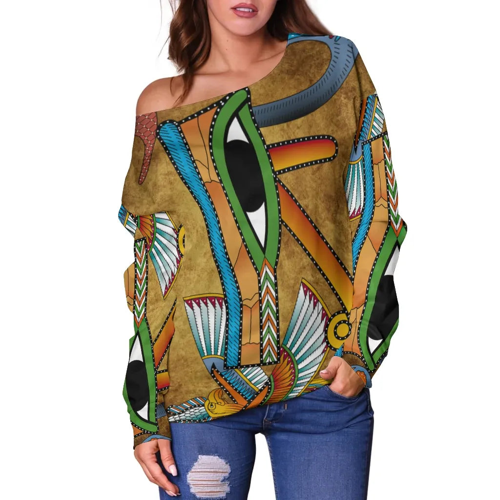 African Women's Off Shoulder Sweater Egyptian Hieroglyphics and Gods Self Knowledge