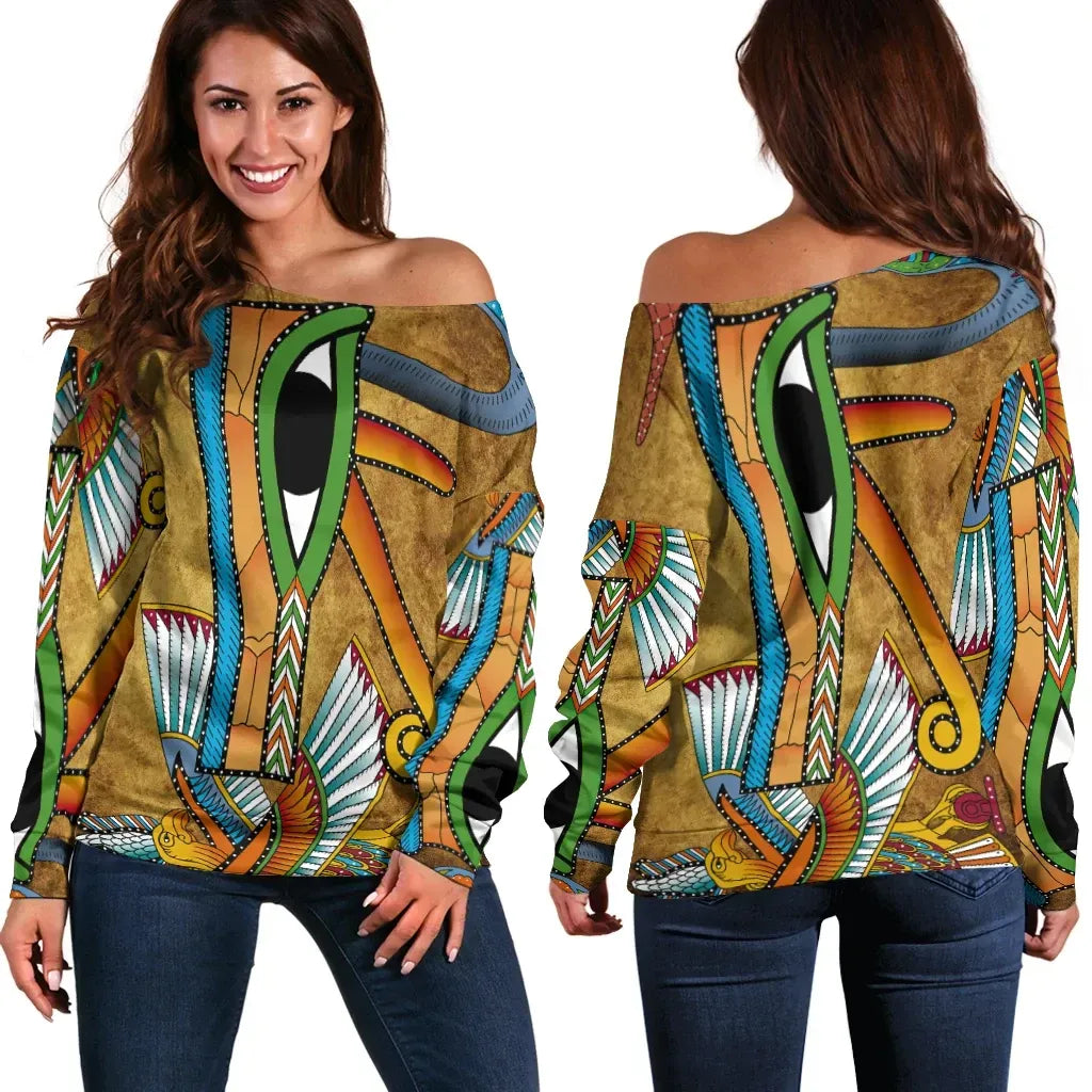 African Women's Off Shoulder Sweater Egyptian Hieroglyphics and Gods Self Knowledge