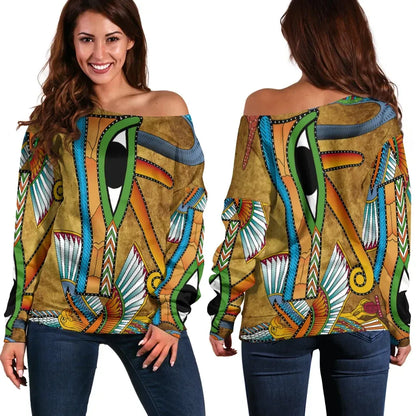 African Women's Off Shoulder Sweater Egyptian Hieroglyphics and Gods Self Knowledge