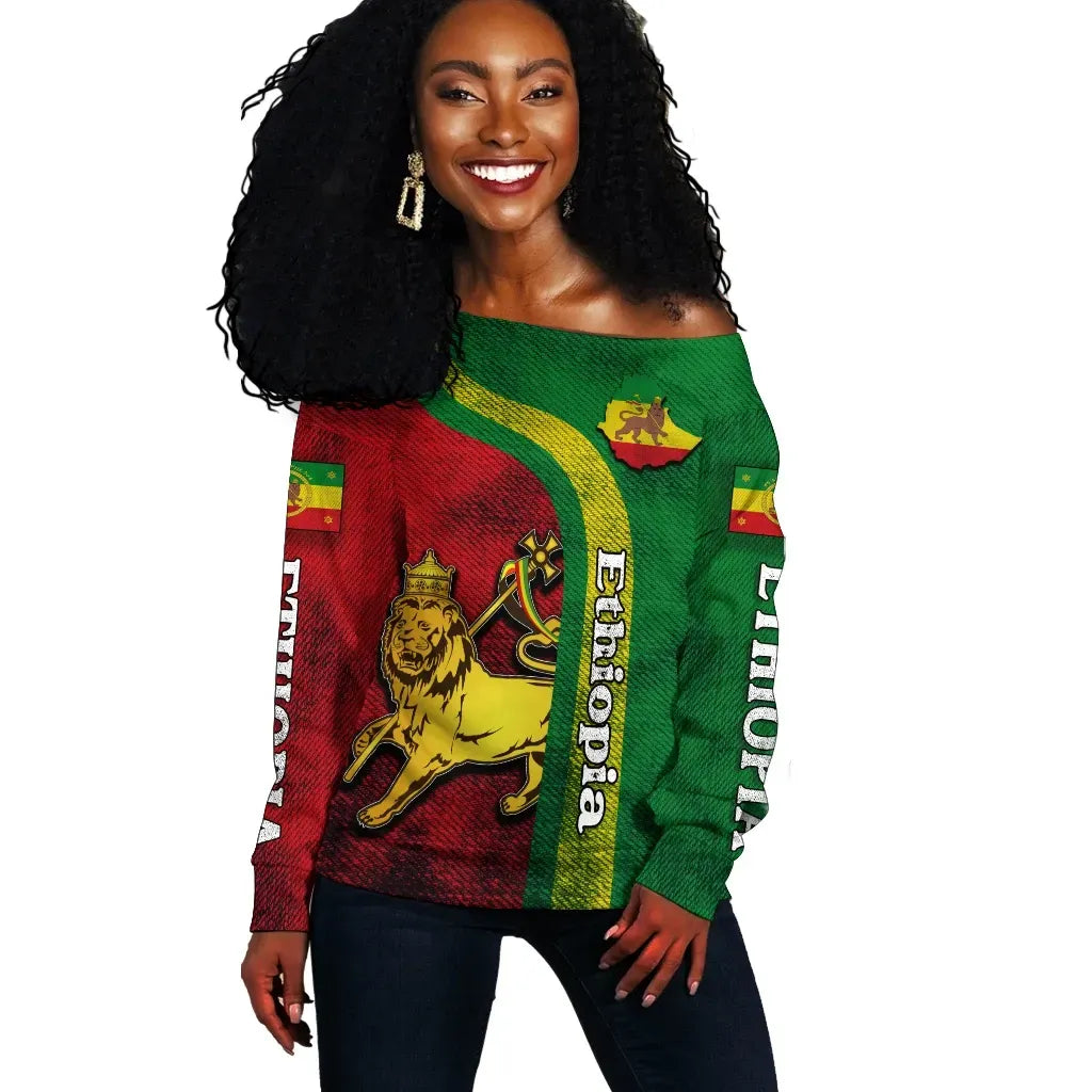 Ethiopia Off Shoulder Sweater Ethiopia Lion Rasta
