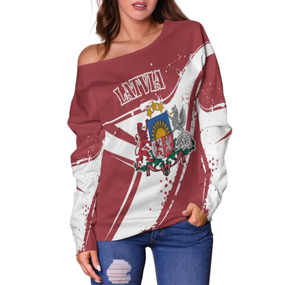 Latvia Women's Off Shoulder Sweater Latvia Pride