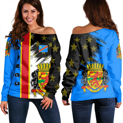 Congo Coat Of Arms Women's Off Shoulder Sweater Flag Style JH