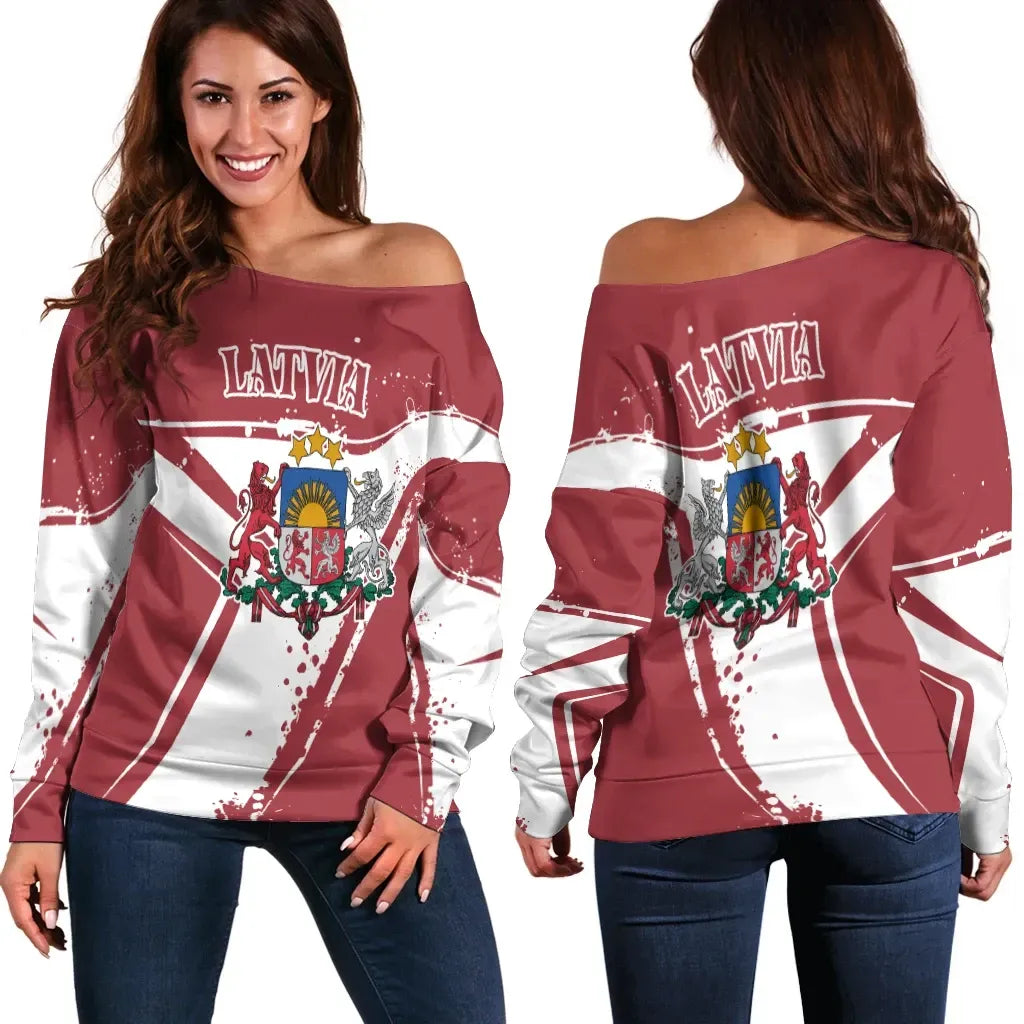 Latvia Women's Off Shoulder Sweater Latvia Pride
