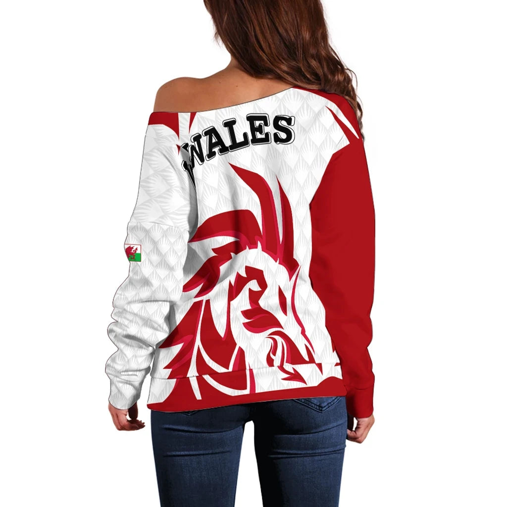Welsh Women's Off Shoulder Sweater Welsh Dragon Red
