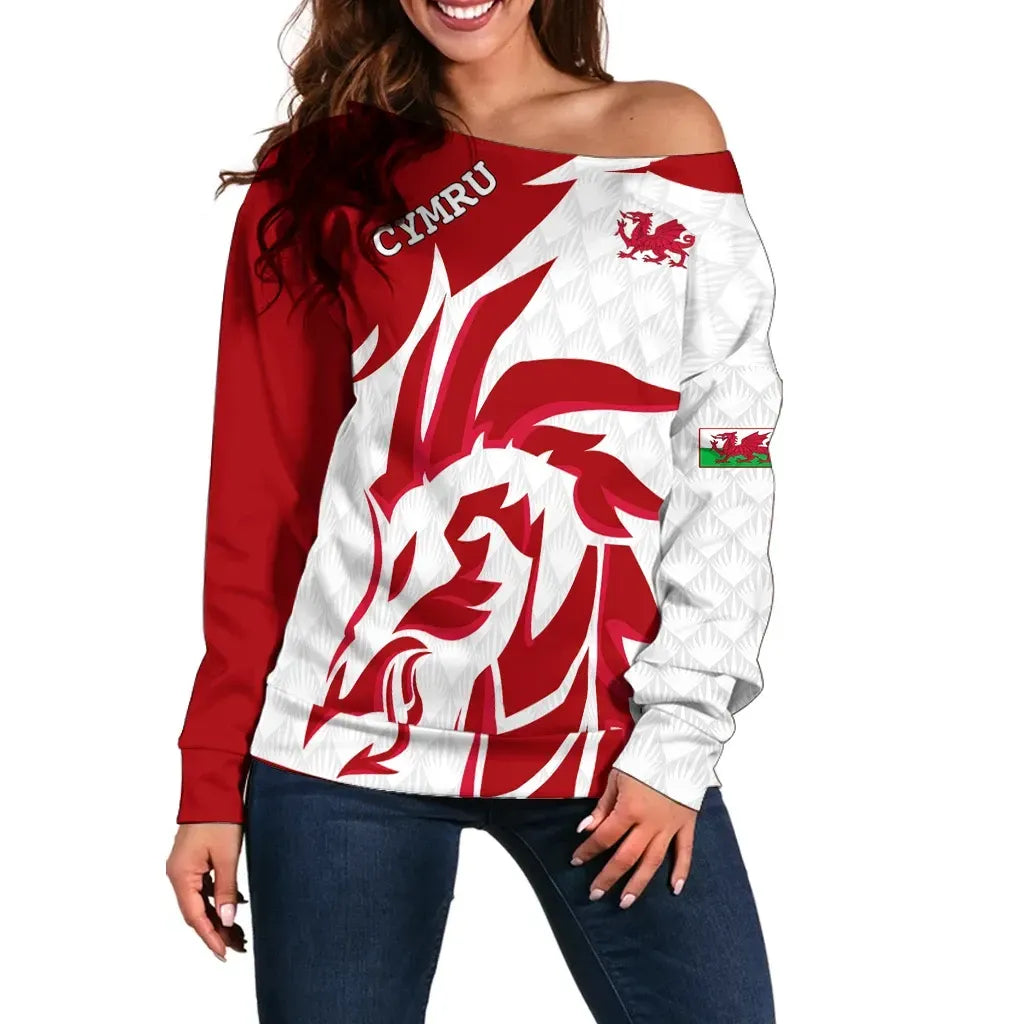 Welsh Women's Off Shoulder Sweater Welsh Dragon Red