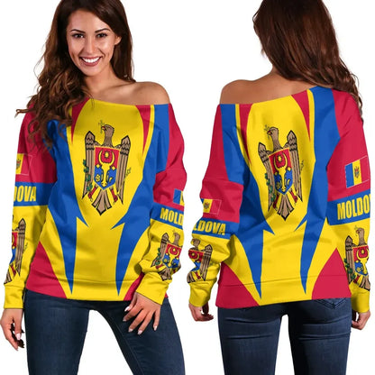 Moldova Off Shoulder Sweater Action Flag
