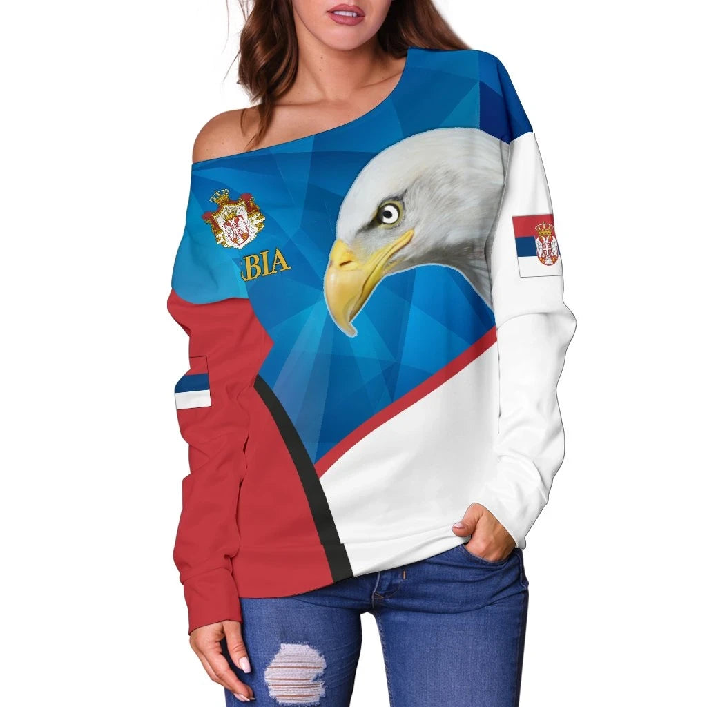 Serbia Women Off Shoulder Sweater White Eagle Version