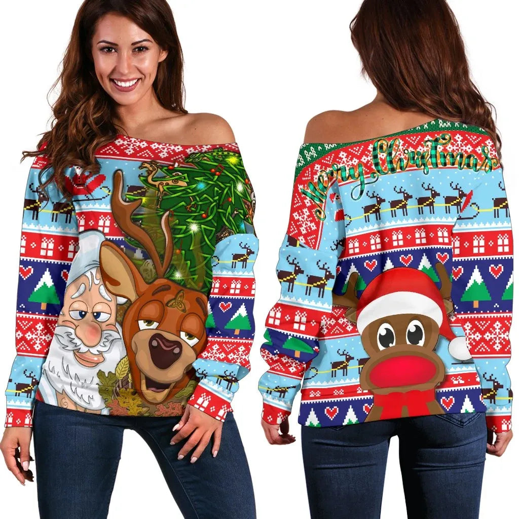 Celtic Style Merry Christmas Ugly Women Off Shoulder Drunk Santa and Deer