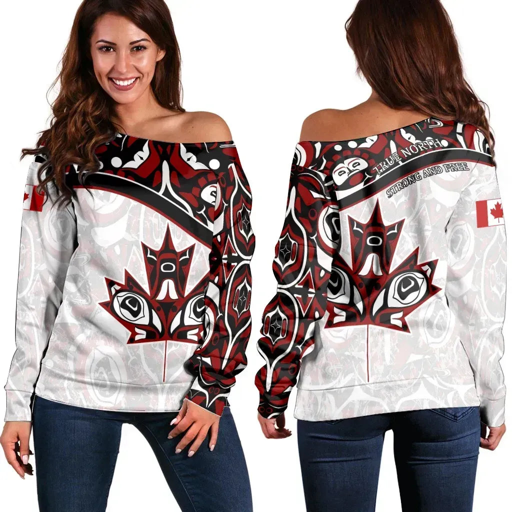 Canada Day Women's Off Shoulder Sweater Canadian Heritage Maple Leaf Art Style White