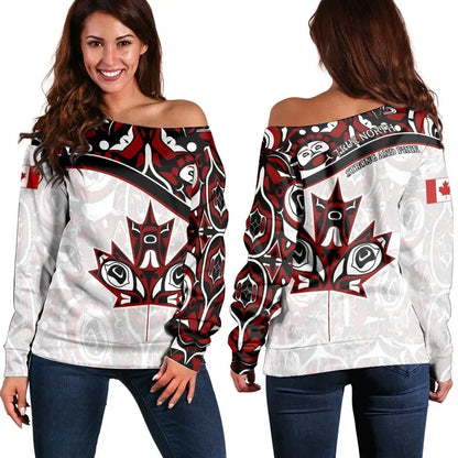 Canada Day Women's Off Shoulder Sweater Canadian Heritage Maple Leaf Art Style White