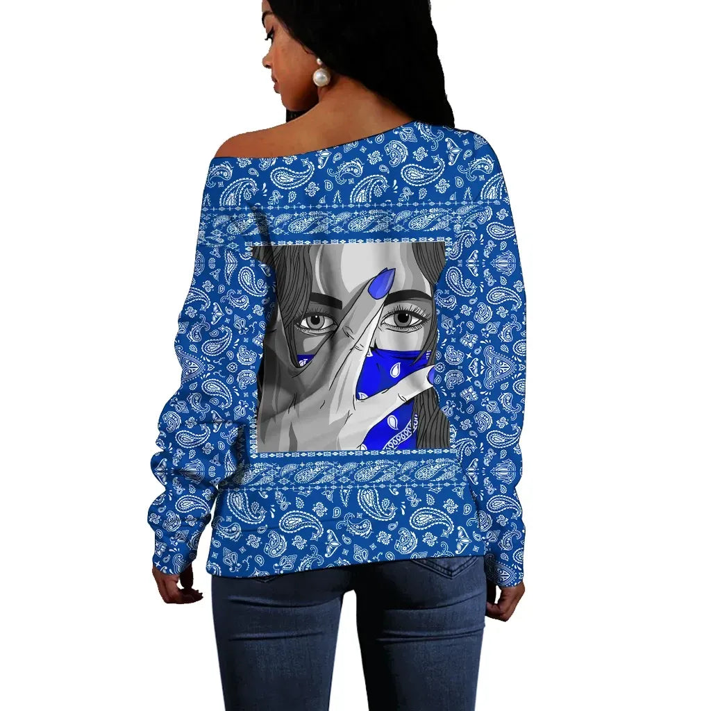 Crips Girl Off Shoulder Sweater Blue Bandana