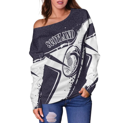 Custom Text Scotland Rugby Personalised Women's Off Shoulder Sweater Scottish Rugby