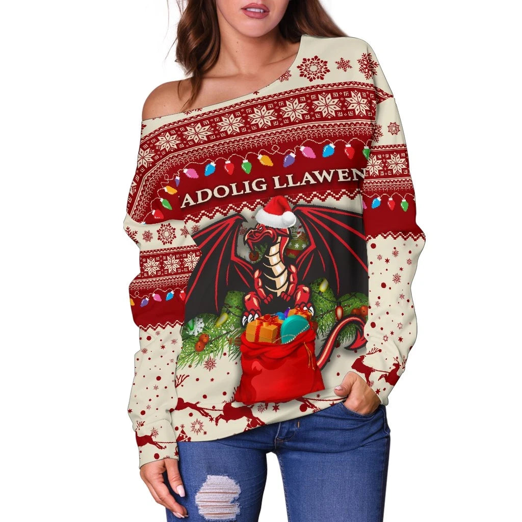 Cymru Christmas Women Off Shoulder Sweater Warm Vibes Beige Red