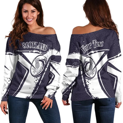 Custom Text Scotland Rugby Personalised Women's Off Shoulder Sweater Scottish Rugby