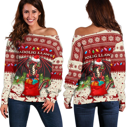Cymru Christmas Women Off Shoulder Sweater Warm Vibes Beige Red