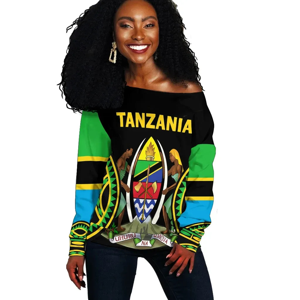 Tanzania Off Shoulder Sweater Maasai Shield