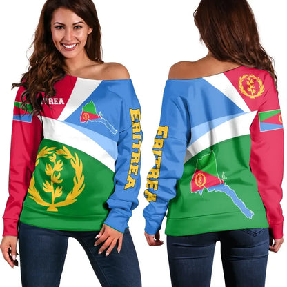 Eritrea Off Shoulder Sweater Eritrea Flag Maps Green