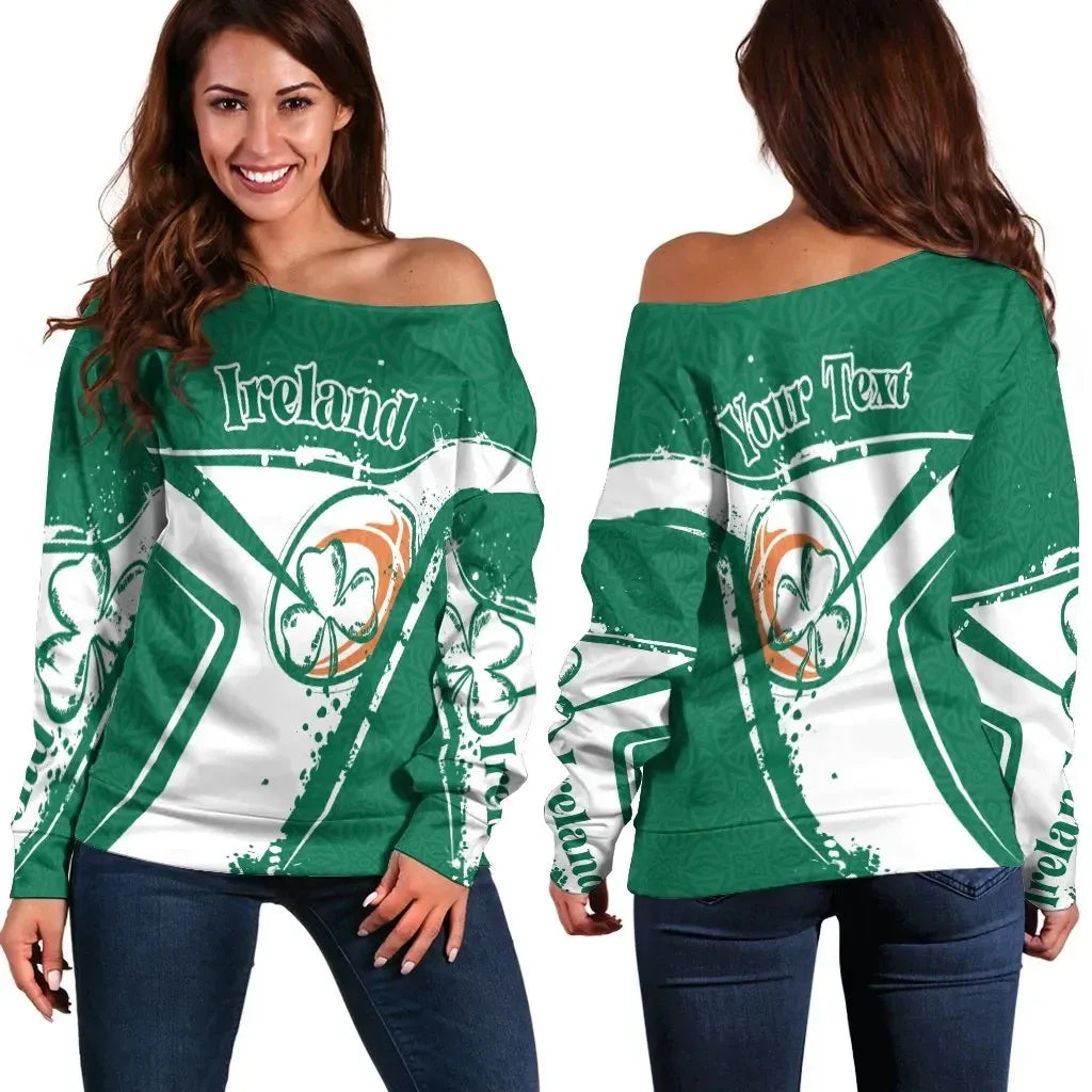Custom Text Ireland Rugby Personalised Women's Off Shoulder Sweater Irish Rugby