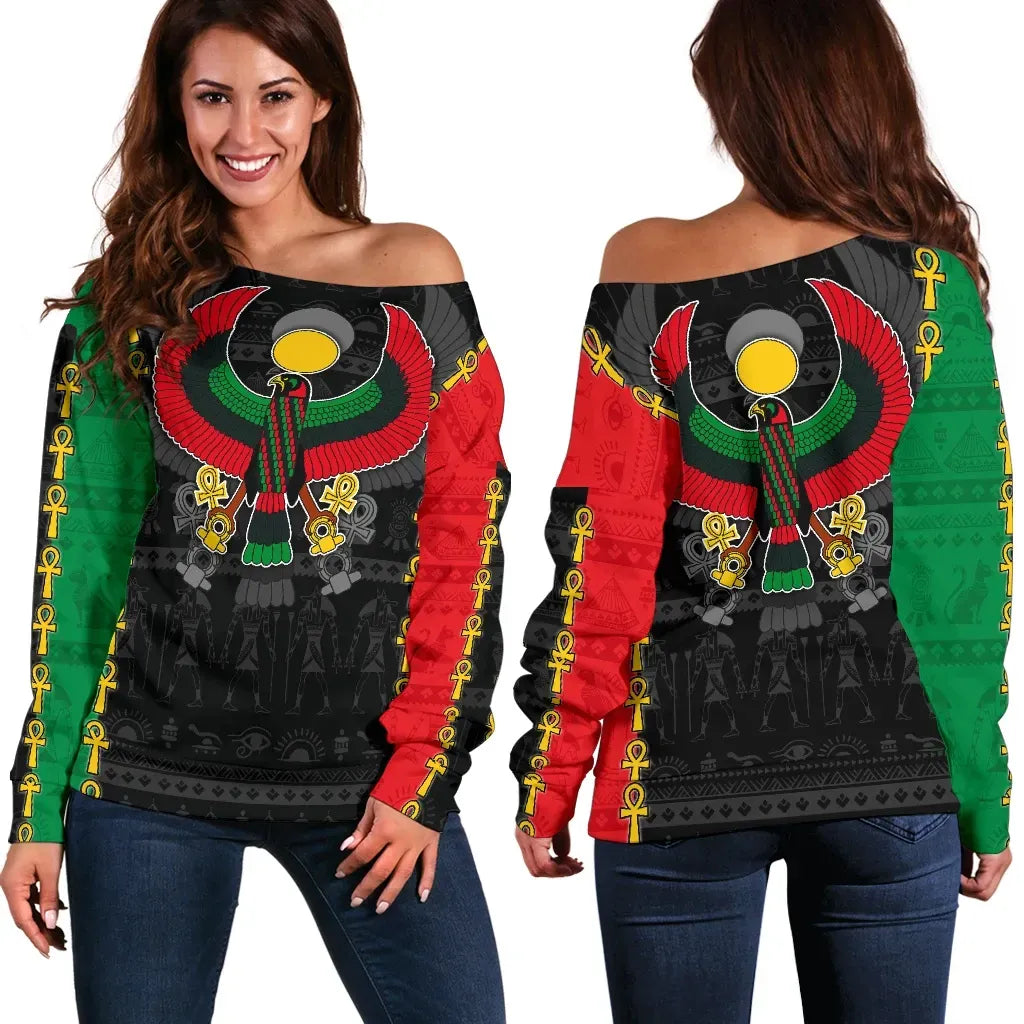 Pan African Off Shoulder Sweater Pan,Africanism Ancient Egypt Horus