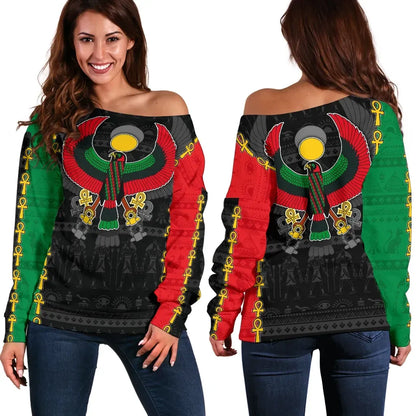 Pan African Off Shoulder Sweater Pan,Africanism Ancient Egypt Horus